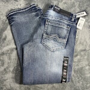 True Luck Mens Stretch Bootcut Jeans Size 34 x 30 Big Stitch Full Blast Blue NEW